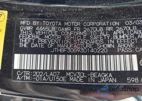 2003 Lexus Es 300 from USA, damaged, VIN JTHBF30G930140220